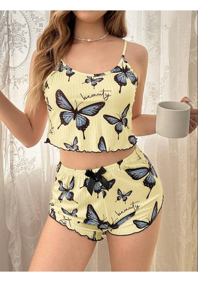 La Vıor Kadın Kelebek Desenli Pijama Takımı Açık Sarı