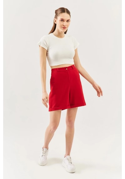 Butikgiz Kadın Kısa Kol Bisiklet Yaka Vücuda Oturan %100 Pamuklu Kaşkorse Esnek Crop Bluz Beyaz