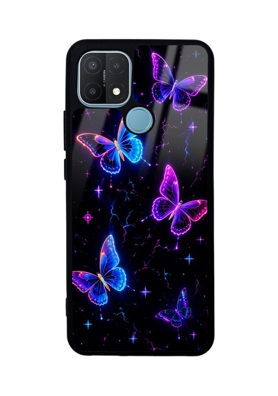 Oppo A15 Neon Butterfly Dream Tasarımlı Glossy Telefon Kılıfı Mavi