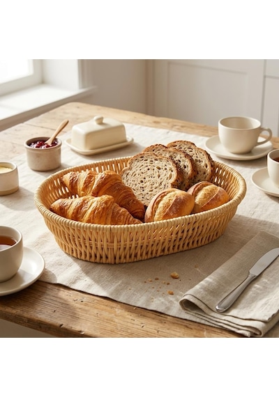 El Yapımı Doğal Hasır Sepet - Oval Ekmeklik Ve Çok Amaçlı Düzenleyici 25,50x18x6 Cm Çok Renkli
