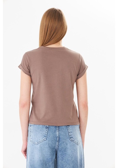 Sortie Collection Dantel Cepli Yazı Baskılı Katlama Kollu Tshirt Kahverengi