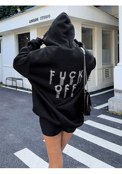 Afri Kadın Siyah Oversize Kapüşonlu Sweatshirt Taş Detaylı F Ck Off Yazılı Rahat Günlük Kapüşonlu Üst Siyah