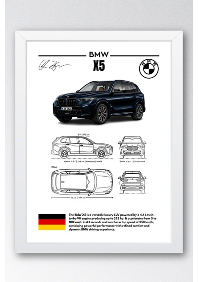 Bmw X5 Tablo - Teknik Özellikli Alman Lüks Suv Poster - Çerçeveli Duvar Dekoru - Araba Blueprint Beyaz