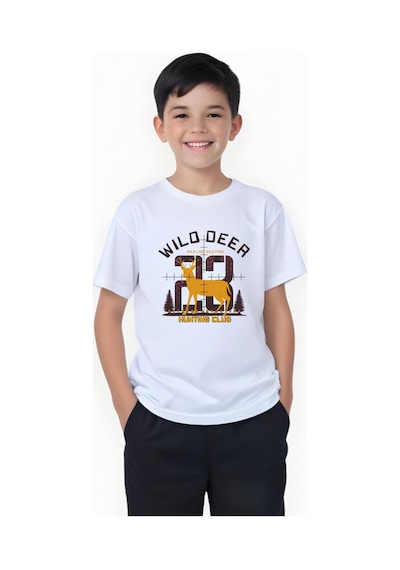 Panios Kids Hunting Club Baskılı Erkek Çocuk Yuvarlak Yaka Kısa Kollu T-shirt Beyaz