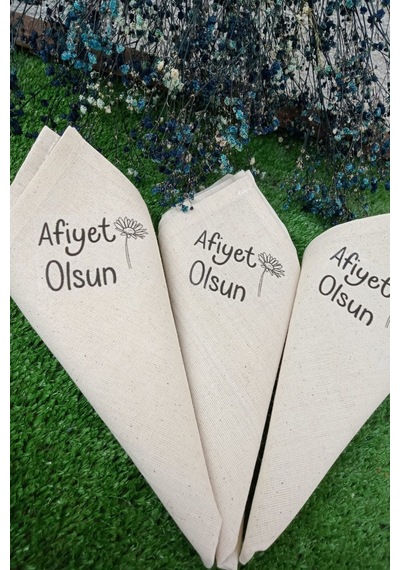 6 Adet Afiyet Olsun Çiçekli Keten Peçete - Servis Sunum Peçetesi - Baskılı Peçete Kırık Beyaz