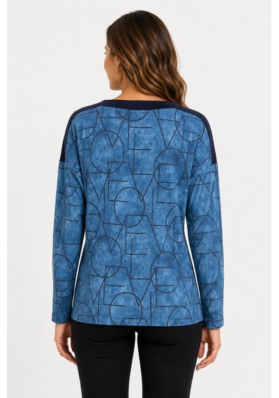 Neden Tekstil Kadın Desenli Uzun Kollu Rahat Fit Bluz - Mavi