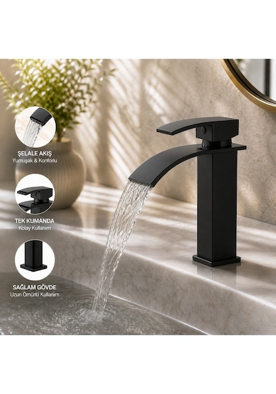 Mat Siyah Lavabo Bataryası Şelale Akışlı Modern Banyo Musluğu Tek Kollu Sabit Lavabo Çift Su Girişli