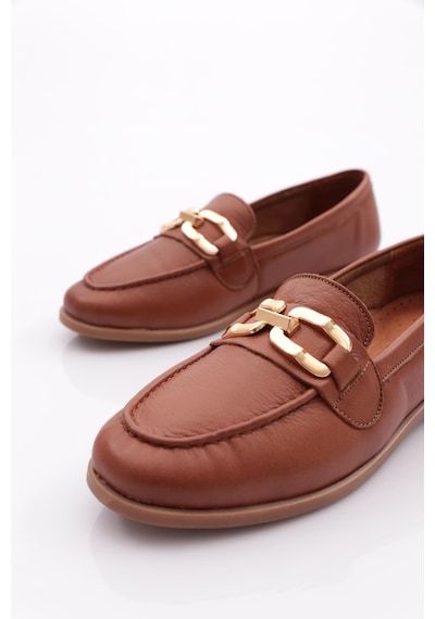 Dgn 1851 Kadin Metal Aksesuarli Loafer Ayakkabi Koyu Taba