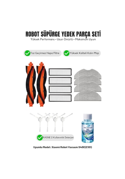 Robot Vacuum S40c E101 İle Uyumlu 2 Ana Fırça 4 Yan Fırça 4 Filtre 4 Mop 1 Deterjan 4.0