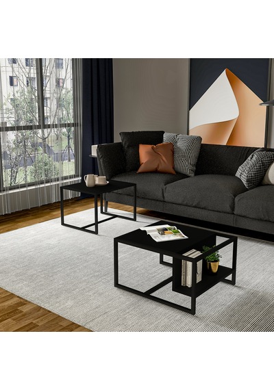 Batı 2 Li Modern Orta Sehpa Takımı Metal Ayaklı, Alt Raflı Düz Siyah