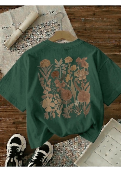 Retro Botanik Sırt Baskılı Çiçek Desenli Premium Kadın Oversize T-shirt Yesıl