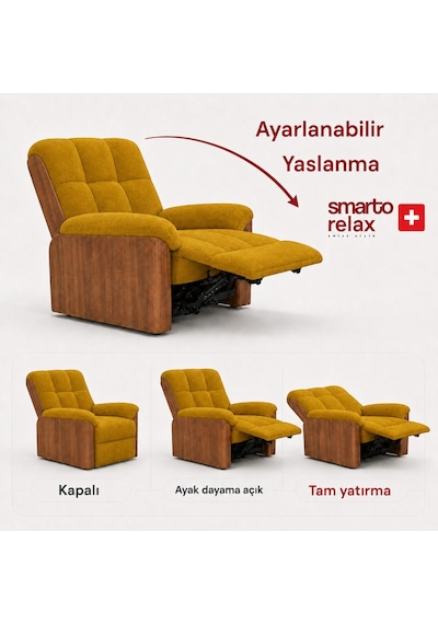 Smarto Relax Porto Tv Koltuğu Elektrikli Masajlı Isıtmalı Döner Sallanan Ahşap Yan Panelli Polyester Kumaş Baba Koltuğu Sarı