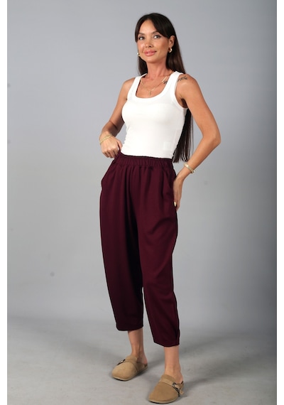 By Saygı Kadın Beli Lastikli Cepli Paça Tutturmalı Modal Pantolon Mürdüm