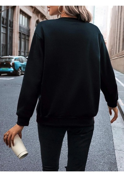 Unisex Oversize Siyah Atlanta Baskılı Bisiklet Yaka Sweatshirt Siyah