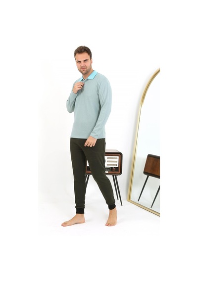 Akbeniz Erkek Polo Yaka Uzun Kol Penye Pijama Takımı 6862 Su Yeşili Su Yeşili
