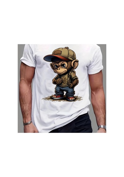 Caddemia Yaz  Moda Spor Rahat Gevşek Karikatür Maymun Desen Baskılı Yuvarlak Boy Beyaz 2XL