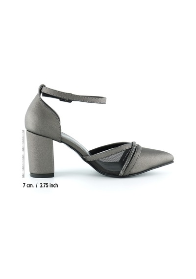 Erkan Saçmacı Molly Antrasit Saten Sivri Burun Taşlı Fileli Kalın Topuklu Abiye Ayakkabı