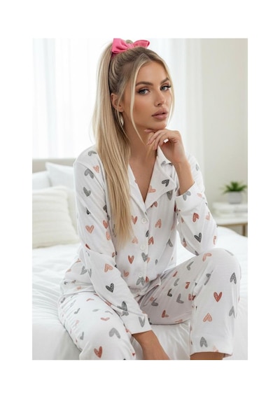 Siyah İnci Mevsimlik İnce Düğmeli Örme Pijama Takım 7978 Renkli Kalp