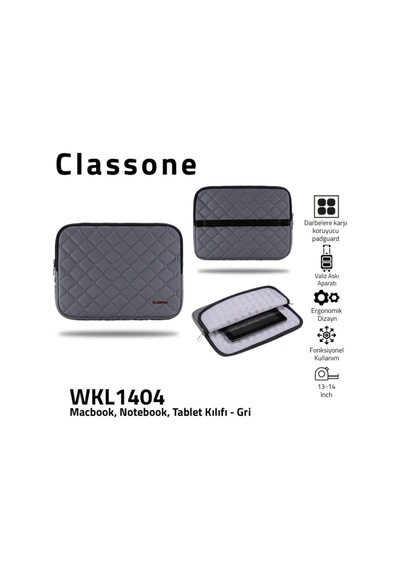 Classone Wkl1404 13-14"Inch Apple Uyumlu MacBook Notebook Tablet Kılıfı Gri