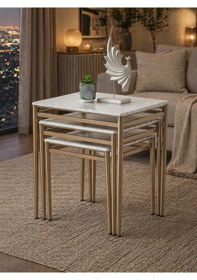 Gri Mermer Desen Membran Kaplama 3'lü Zigon Sehpa Takımı Cappuccino Metal Ayaklı Modern Sehpa Seti