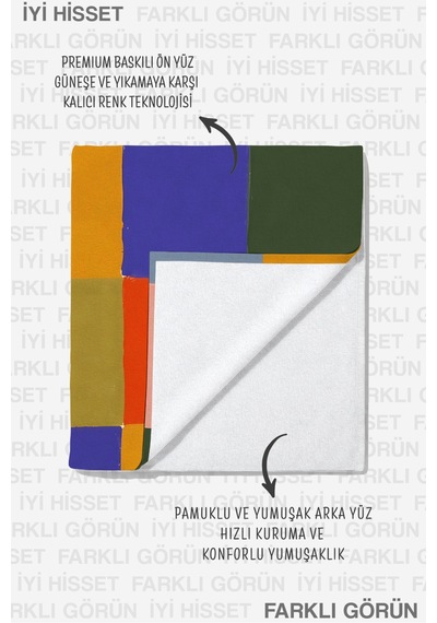 Renk Bloklu Geometrik Plaj Havlusu - Soyut Akdeniz Stil Çok Renkli Hızlı Kuruyan Mikrofiber Havlu Keten Zeytin