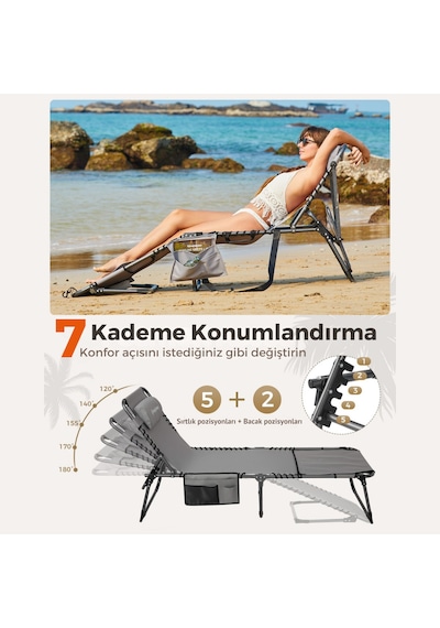 Kingcamp Magnolia B10 Plus Hands-free Premium 7 Kademeli Katlanır Şezlong Grey Gri