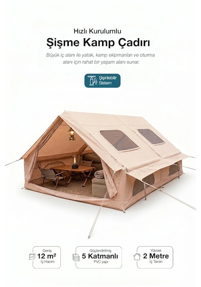 12 Kişilik 4 Mevsim Şişme Kamp Çadırı Su Geçirmez 210d Oxford Kumaş 12 M2 400x300x200 Cm Bej