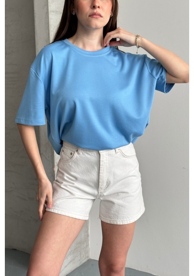 Balenbi Kadın Modal Bisiklet Yaka Basic Yarım Kollu T-shirt 1211 Mavi