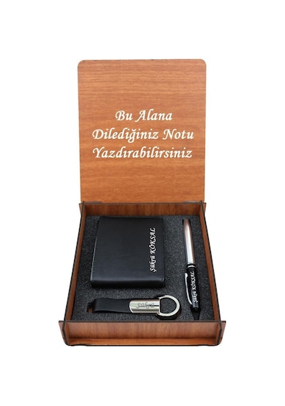 Matraş Isme Kişiye Özel Ahşap Kutulu Deri Cüzdan Anahtarlık Ve Kalem Set
