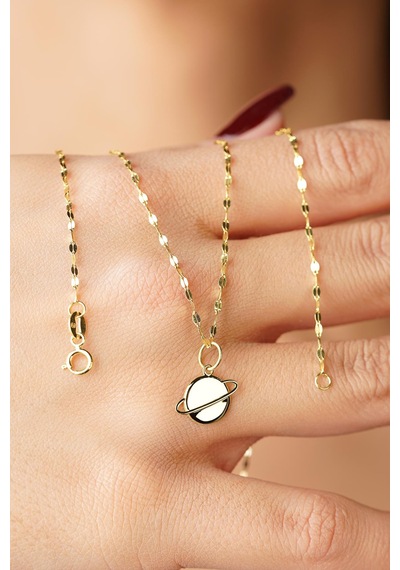 14 Ayar Altın Satürn Gezegen Detaylı Aynalı Zincir Kolye Sarı Altın