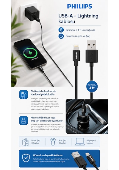 Philips Dlc3104v/00 Mfi Lisanslı Usb-a To Lightning Hızlı Şarj Ve Data Kablosu 1.2m Siyah