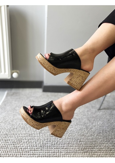 Asmi Shoes Kadın Siyah Rugan Deri Mantar Taban Ortopedik Platform Topuk Terlik