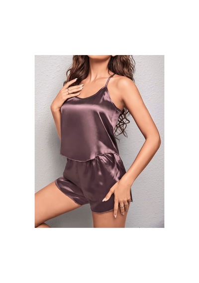 Lily Bianca Nightwear Askılı Şortlu Saten Gecelik Mor