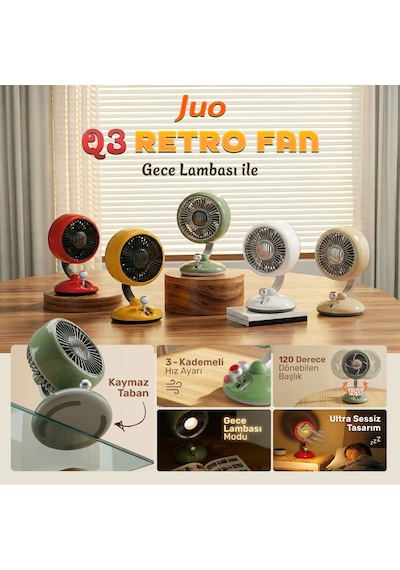 Juo Q3 120 Salınımlı 3 Kademeli Led Işıklı Şarjlı Masaüstü Fan Vantilatör Retro Kırmızı