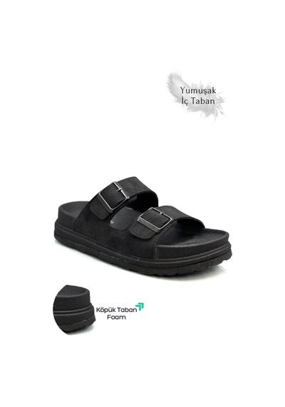 Sermoda Çift Toka Ayarlanabilir Genişlik Köpük Taban Rahat Deri Erkek Terlik Siyah