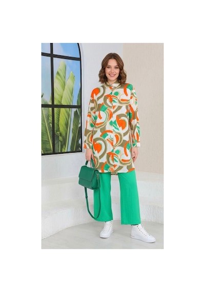Polologin Butik Geometrik Desenli Gömlek Elbise Tunik Yeşil Turuncu Turuncu