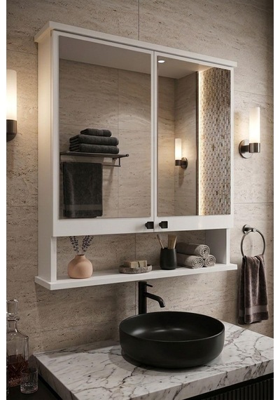 Ad-3 Raflı Banyo Dolabı, 2 Kapaklı Lavabo Üstü Aynalı Banyo Dolabı - Beyaz Çok Renkli