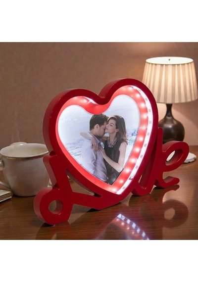 Love Yazılı Led Işıklı Kişiye Özel Fotoğraflı Sihirli Ayna Kırmızı-beyaz Sevgiliye Hediye Kırmızı