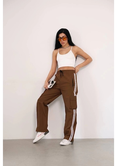 Ertaştrendstore Kadın Praşut Kargo Cepli Baggy Eşofman Alt Pantolon - Kahve Çok Renk