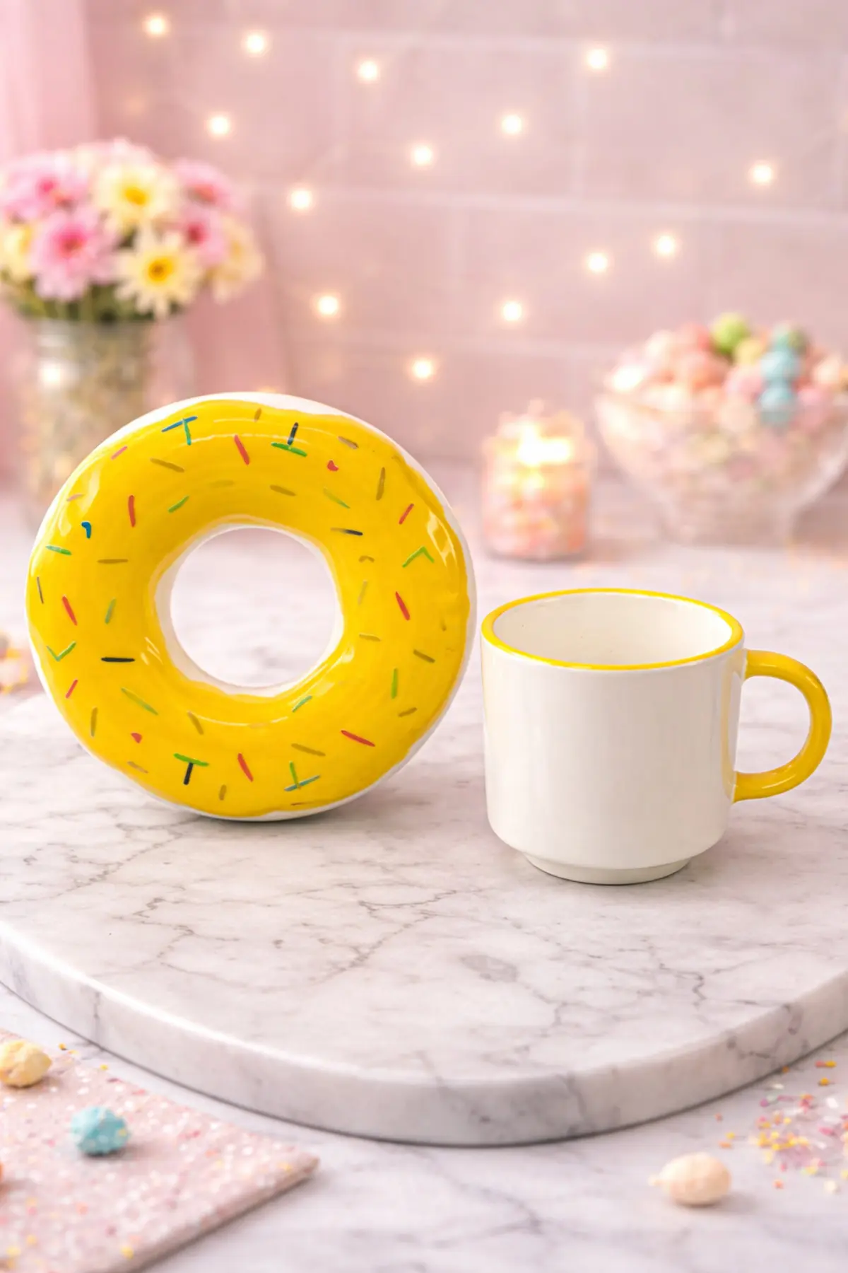 Acar 6 Kişilik Lüks Porselen Donut Tabaklı Renkli Kahve Fincan Takımı Seti 90ml Beyaz
