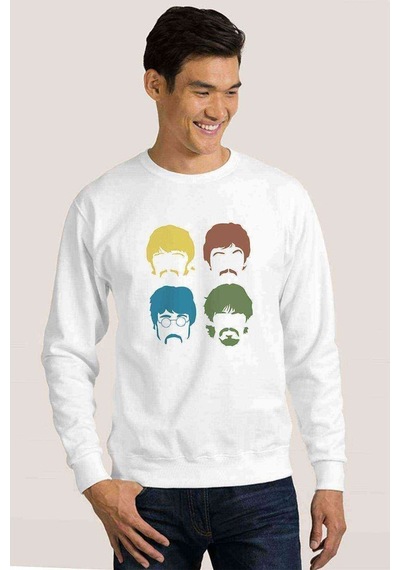 Beatles 1 Baskılı Beyaz Erkek Örme Sweatshirt