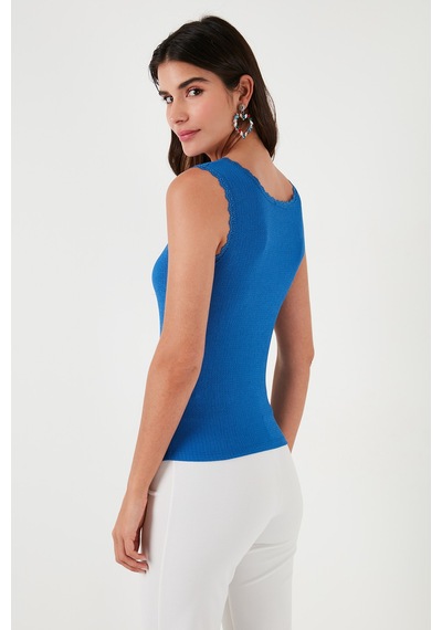 Lela Slim Fit Kalın Askılı Dantelli Kare Yaka Bürümcük Bayan Atlet 5864979 Saks