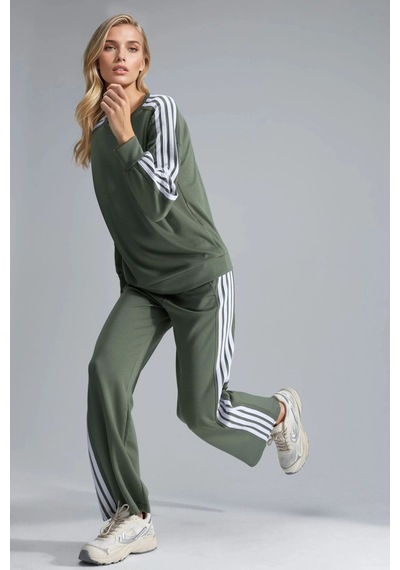 Hiccup Çizgili Bisiklet Yaka Sweatshirt Ve Düz Paça Pantolon Takımı Zeytin Yeşili