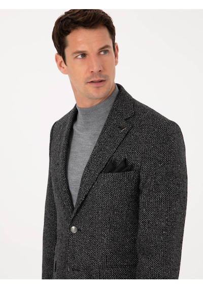 Cacharel Siyah Slim Fit İpek Kaşmir Karışımlı Mikro Desenli Blazer Ceket