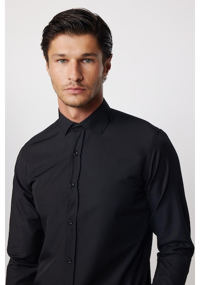 Tudors Slim Fit Uzun Kollu Pamuklu Kolay Ütü Siyah Erkek Gömlek-17088 Siyah