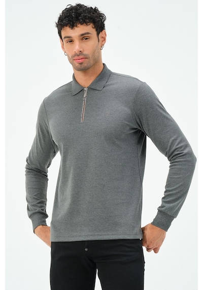 Fermuarlı Uzun Kollu Regular Fit Erkek Polo Yaka T-shirt Gri