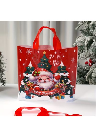 1 Adet Şenlikli Noel Baba Noel Ağacı Hediye Çanta Kırmızı Plastik Kırmızı