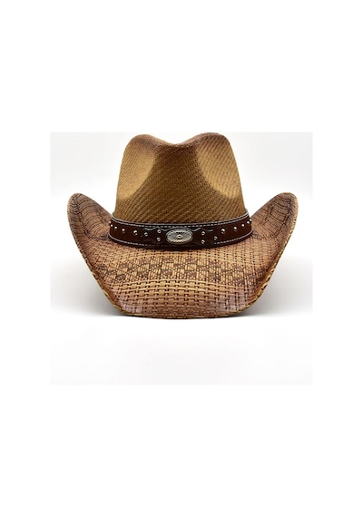 Külah Deri Şeritli Zımbalı Hasır Şapka Premium Classic Western Festival Beach Rave Hat - Standart Taba