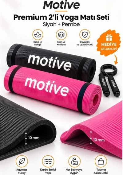 Yoga Ve Pilates Matı Seti, 2 Adet, 183 X 61 Cm, 10 Mm, Taşıma Askılı, Siyah Ve Pembe Genel