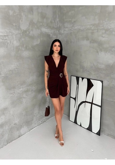 Moda Kadın Kruvaze Drapeli Tokalı Mini Elbise Şık Gece Davet Abiye - Kahverengi Çok Renkli